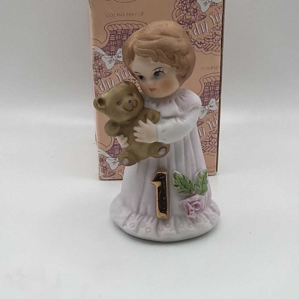 ENESCO Growing Up Birthday Girls Age 1 Brunette Brown Hair with bear 1982 144 - Picture 2 of 5